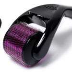 A derma roller, it's packet and the product standing alongside it's packet.