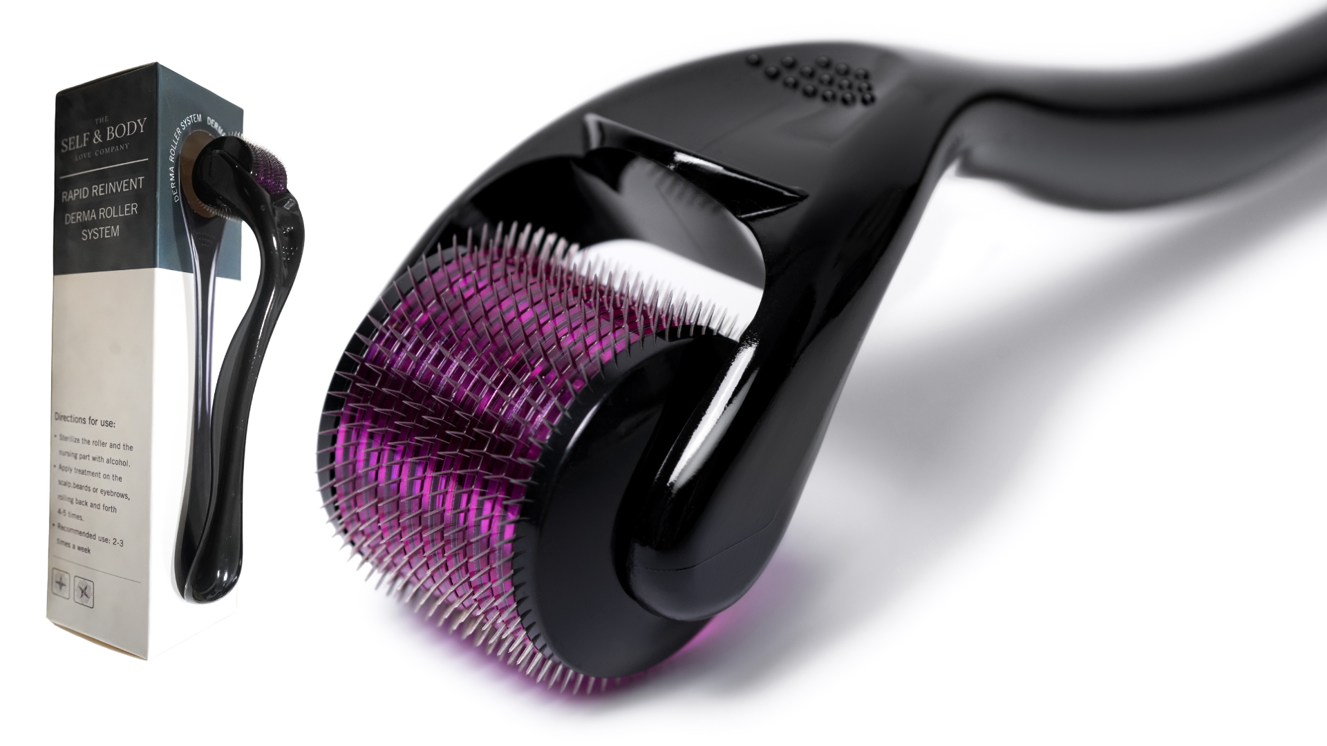 A derma roller, it's packet and the product standing alongside it's packet.